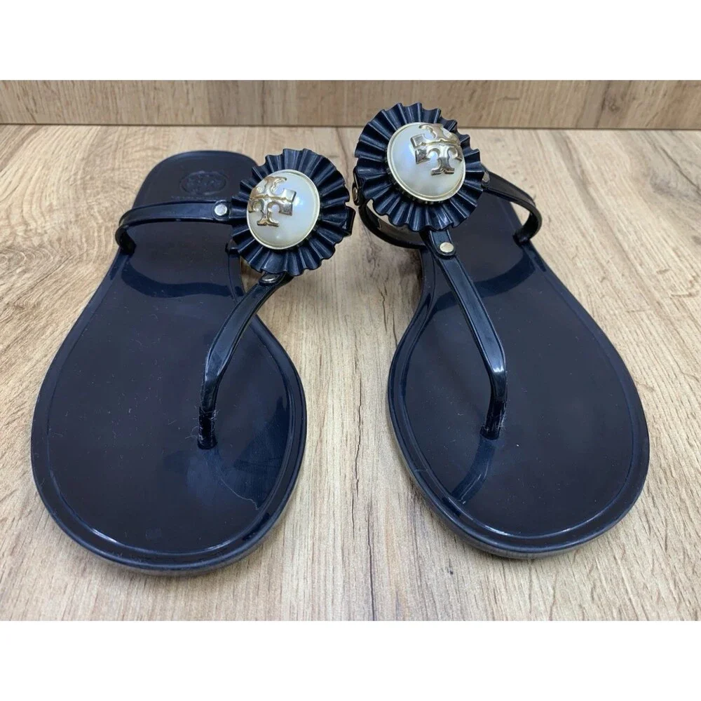 Tory Burch Jelly Thong Sandals Black Gold Logo Pearl Medallion Women's Size 9